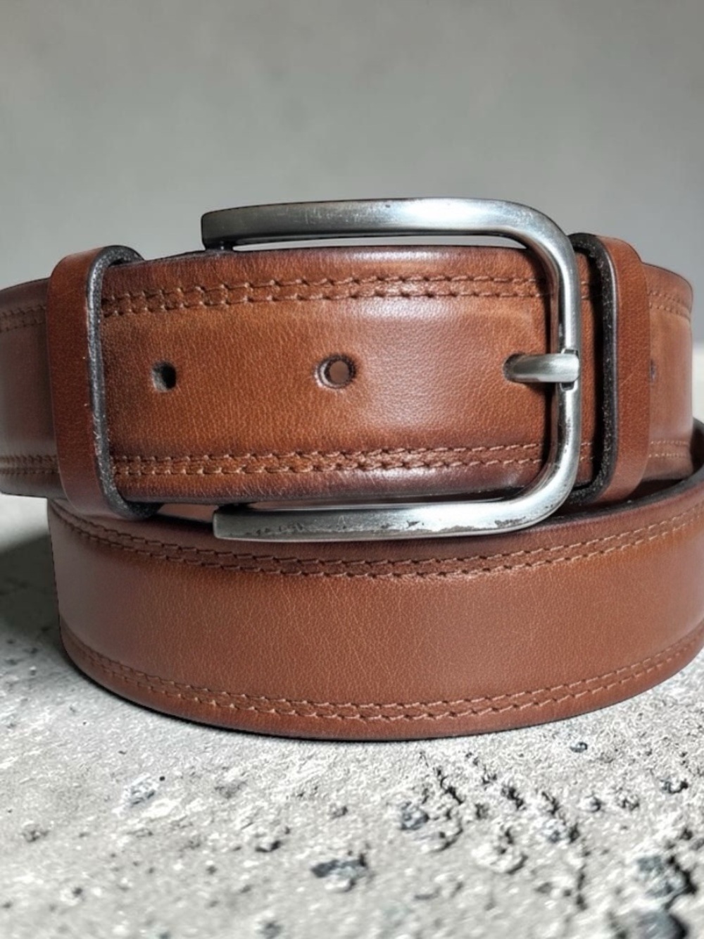 Johnston & Murphy Brown Leather Belt with Silver Buckle - 38”